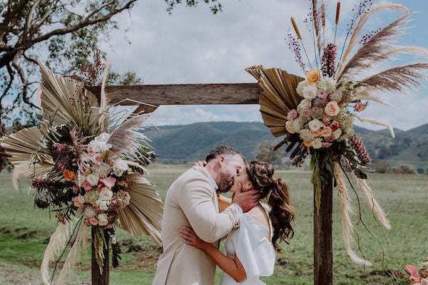 boho country wedding with pamass grass and tofee accents by mudgee monkey wedding florist mudgee