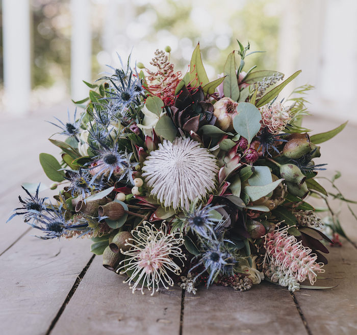 native flowers in wedding bouquet by mudgee monkey florist. king protea gum nuts