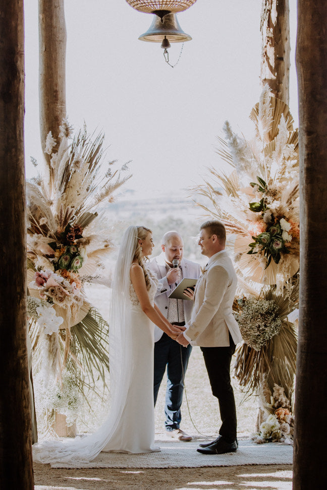 Lowes wine Bush chapel get a boho makeover for Courtney and Daniels wedding in scenic Mudgee. Flowers , styling and coordination by Mudgee Monkey events and florist. Pampas grass