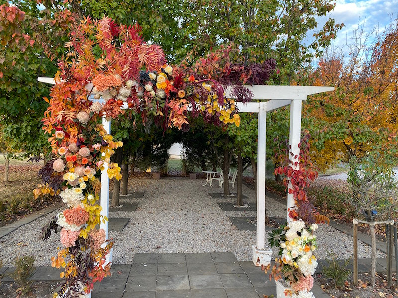 Wedding arbour at Blue wren farm mudgee with autumn florals by Mudgee monkey wedding and event florists 
